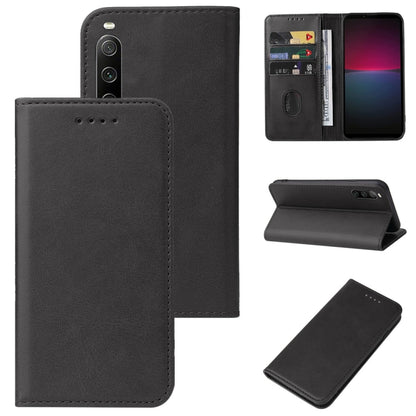 Magnetic closure leather phone case, black folio with stand view and card slots