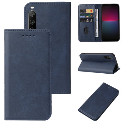 Magnetic closure leather phone case, blue folio with stand view and card slots