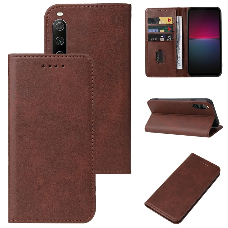 Magnetic closure leather phone case, brown folio with stand view and card slots