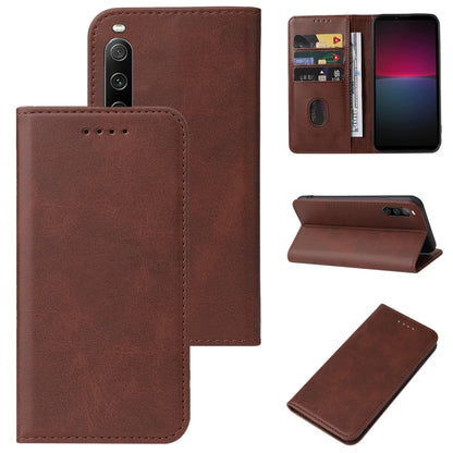 Magnetic closure leather phone case, brown folio with stand view and card slots