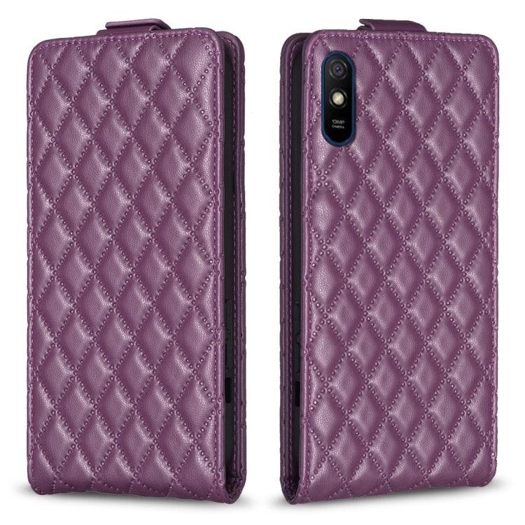 Dark purple diamond-lattice vertical flip leather phone case with camera cutout