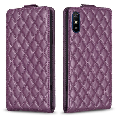Dark purple diamond-lattice vertical flip leather phone case with camera cutout