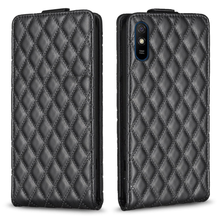 Black diamond-lattice vertical flip leather phone case with camera cutout