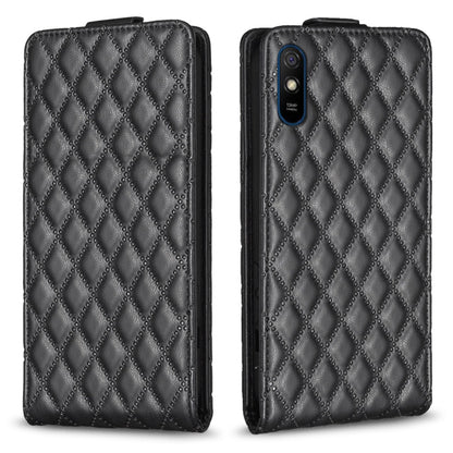 Black diamond-lattice vertical flip leather phone case with camera cutout