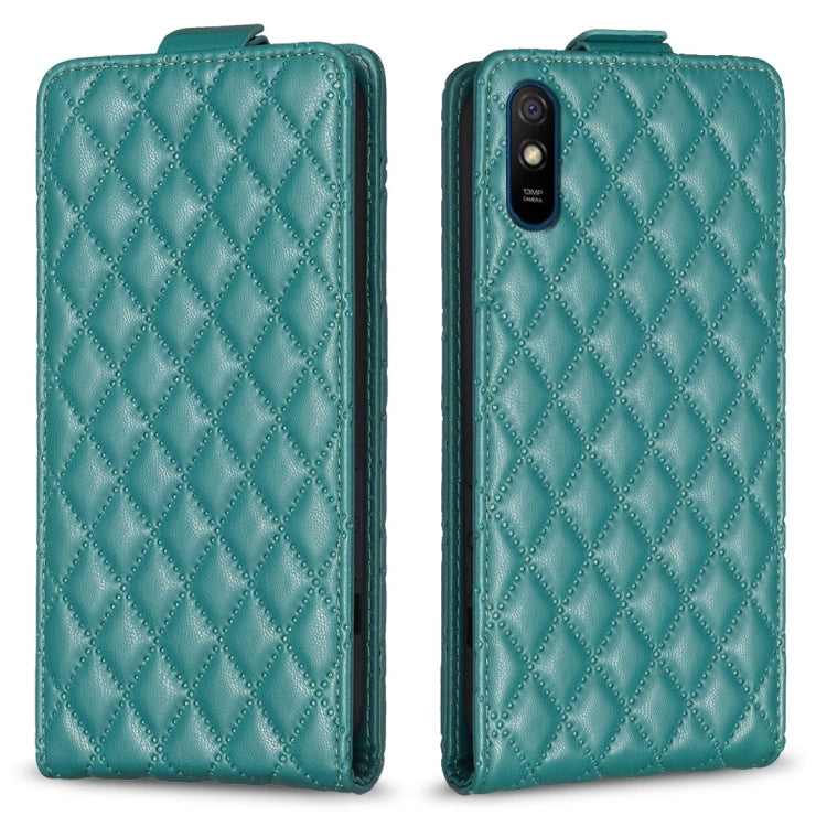 Teal diamond-lattice vertical flip leather phone case with camera cutout