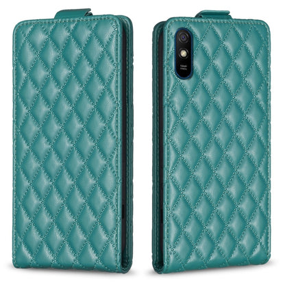 Teal diamond-lattice vertical flip leather phone case with camera cutout