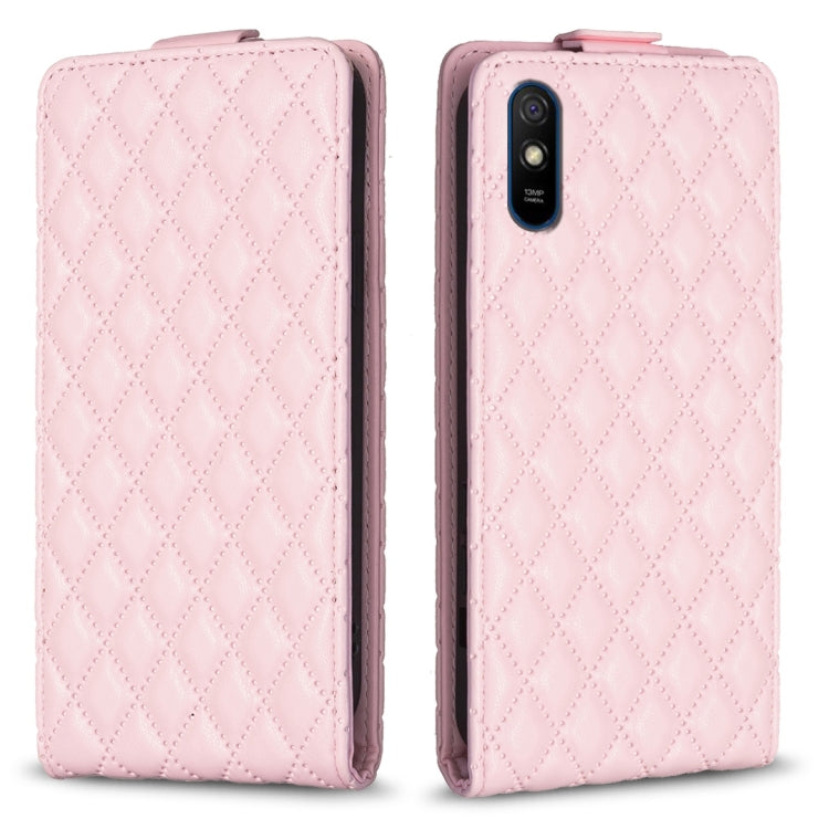 Pink vertical flip leather phone case with diamond lattice pattern and cutout for camera