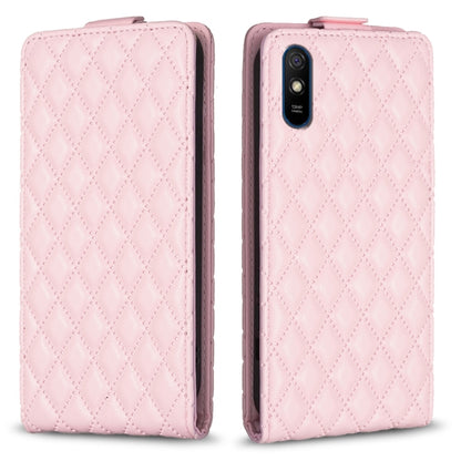 Pink vertical flip leather phone case with diamond lattice pattern and cutout for camera