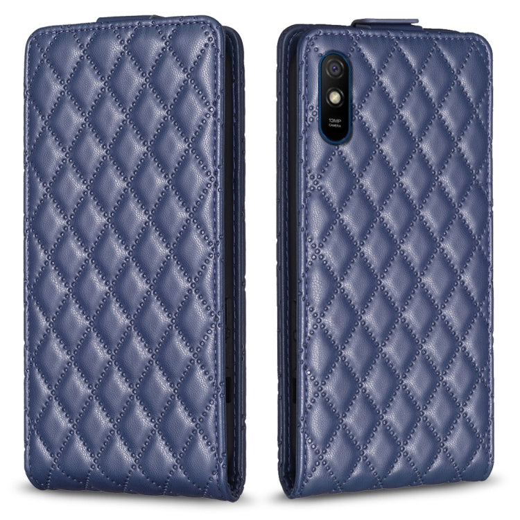Blue vertical flip leather phone case with diamond lattice pattern and camera cutout