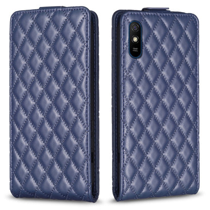 Blue vertical flip leather phone case with diamond lattice pattern and camera cutout