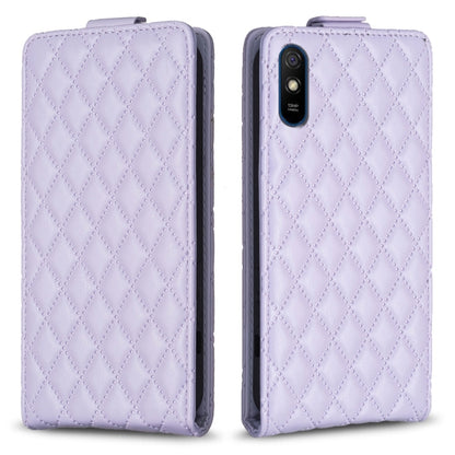 Light purple vertical flip leather phone case with diamond lattice pattern and camera cutout