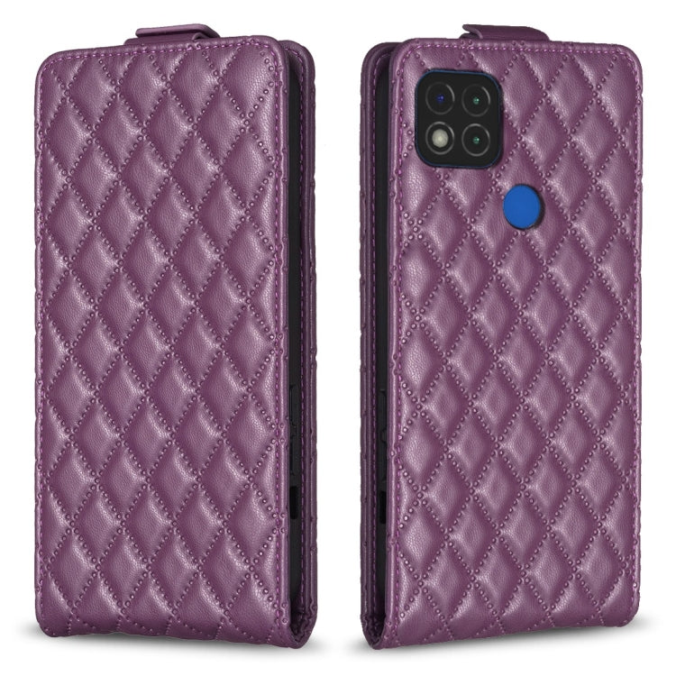 Purple vertical flip leather phone case with diamond lattice pattern and camera cutout