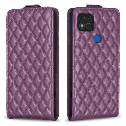 Purple vertical flip leather phone case with diamond lattice pattern and camera cutout