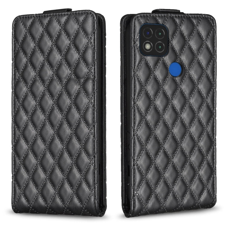 Dark leather flip phone case with diamond lattice pattern and side camera cutout