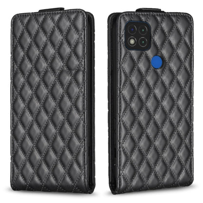 Dark leather flip phone case with diamond lattice pattern and side camera cutout