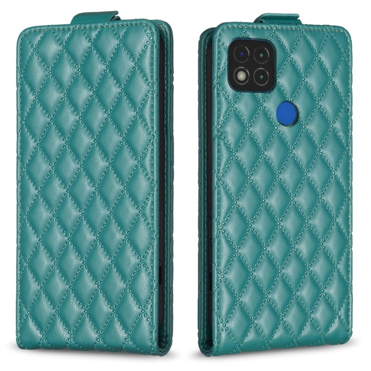 Teal leather flip phone case with diamond lattice pattern and side camera cutout