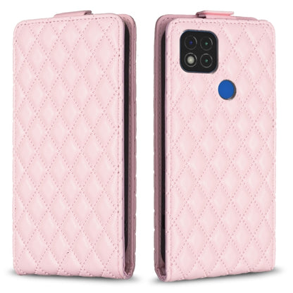 Pink leather flip phone case with diamond lattice pattern and side camera cutout