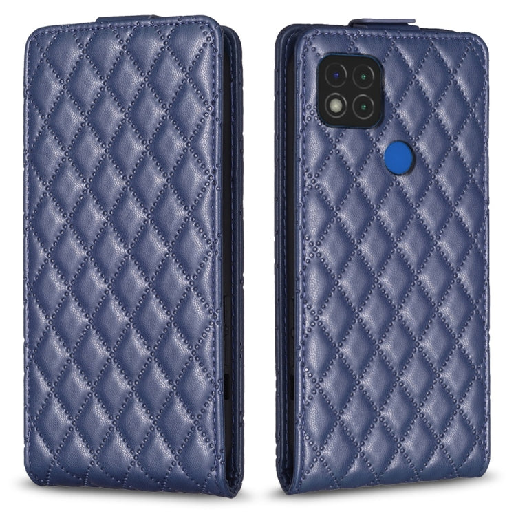 Blue leather flip phone case with diamond lattice pattern and side camera cutout