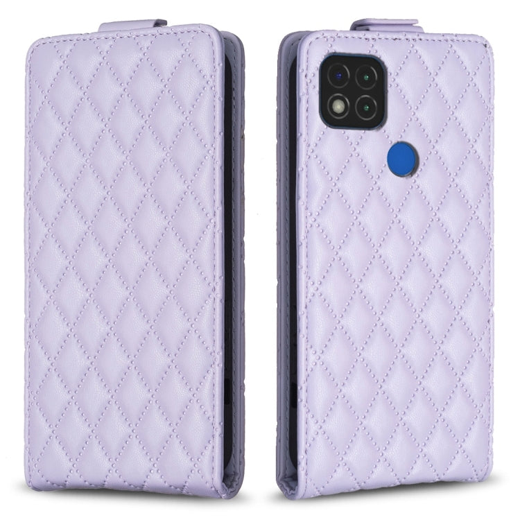 Light purple leather flip phone case with diamond lattice pattern and side camera cutout