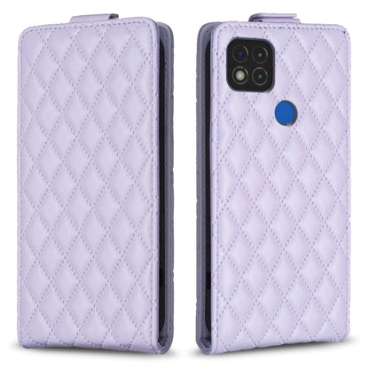 Light purple leather flip phone case with diamond lattice pattern and side camera cutout