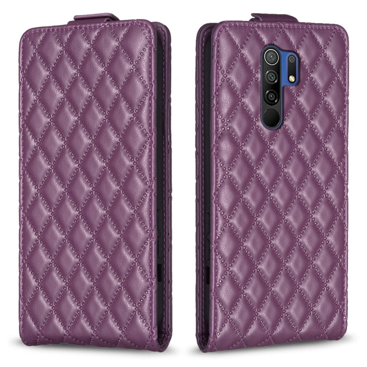 Purple vertical flip leather phone case with diamond lattice texture and camera cutout