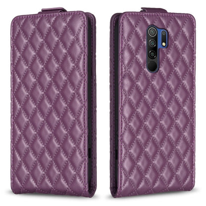Purple vertical flip leather phone case with diamond lattice texture and camera cutout