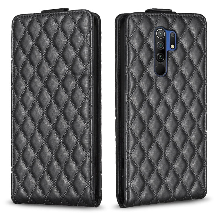Dark gray vertical flip leather phone case with diamond lattice pattern and camera cutout