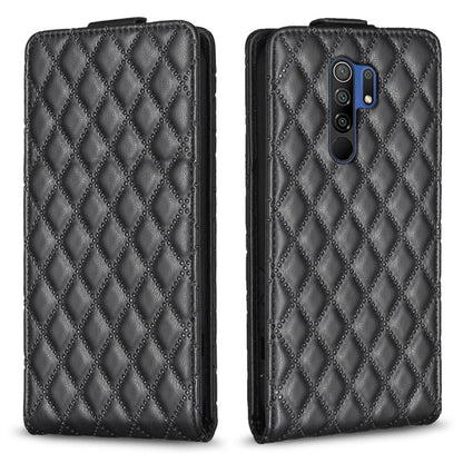 Dark gray vertical flip leather phone case with diamond lattice pattern and camera cutout