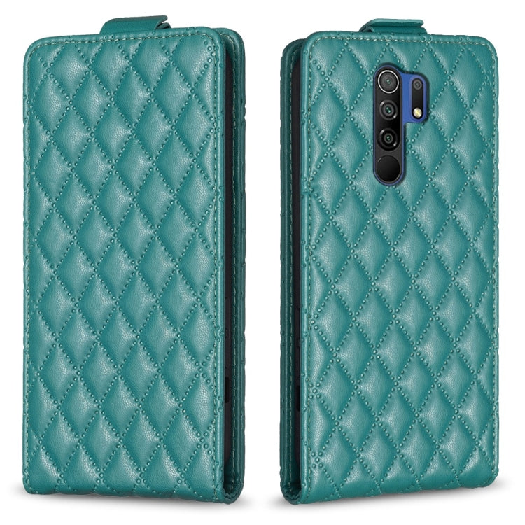 Teal vertical flip leather phone case with diamond lattice pattern and camera cutout