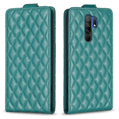 Teal vertical flip leather phone case with diamond lattice pattern and camera cutout