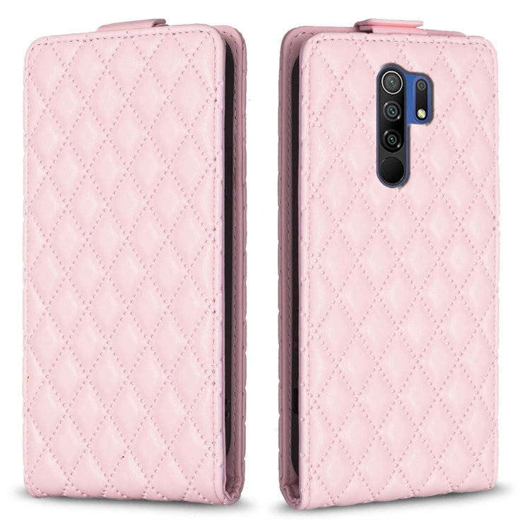 Pink vertical flip leather phone case with diamond lattice pattern and camera cutout