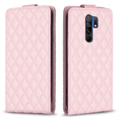 Pink vertical flip leather phone case with diamond lattice pattern and camera cutout