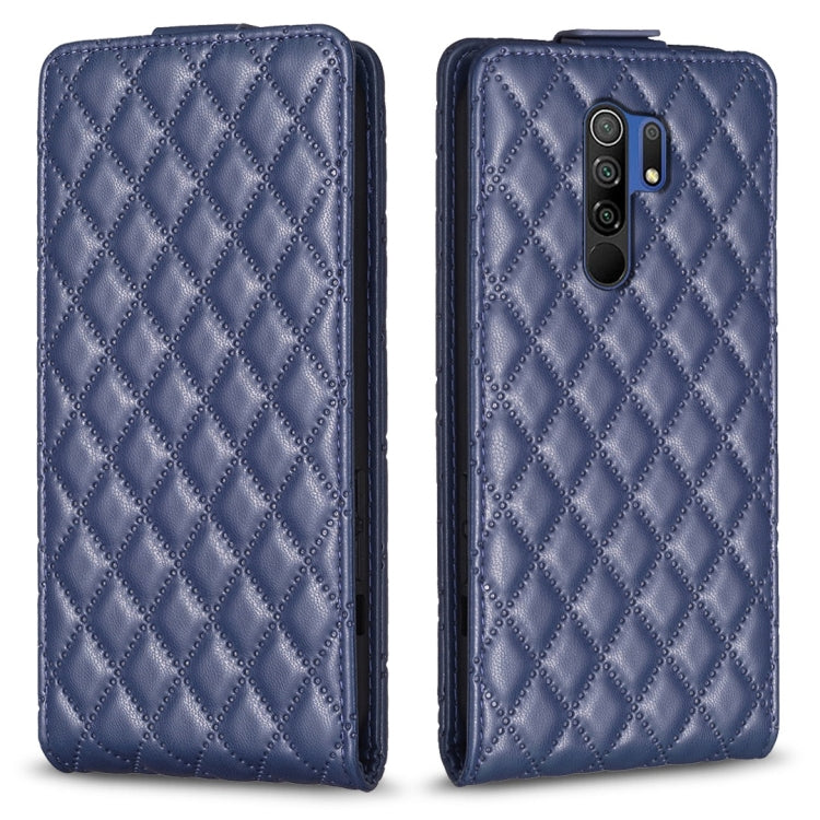 Blue vertical flip leather phone case with diamond lattice pattern and camera cutout