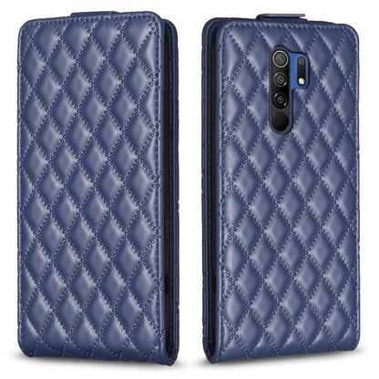 Blue vertical flip leather phone case with diamond lattice pattern and camera cutout