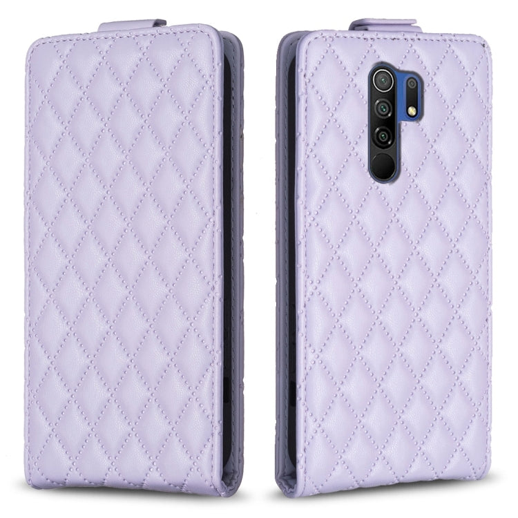 Light purple vertical flip leather phone case with diamond lattice pattern and camera cutout