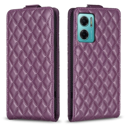 Plum purple diamond-lattice leather flip phone case with camera cutout and front flap