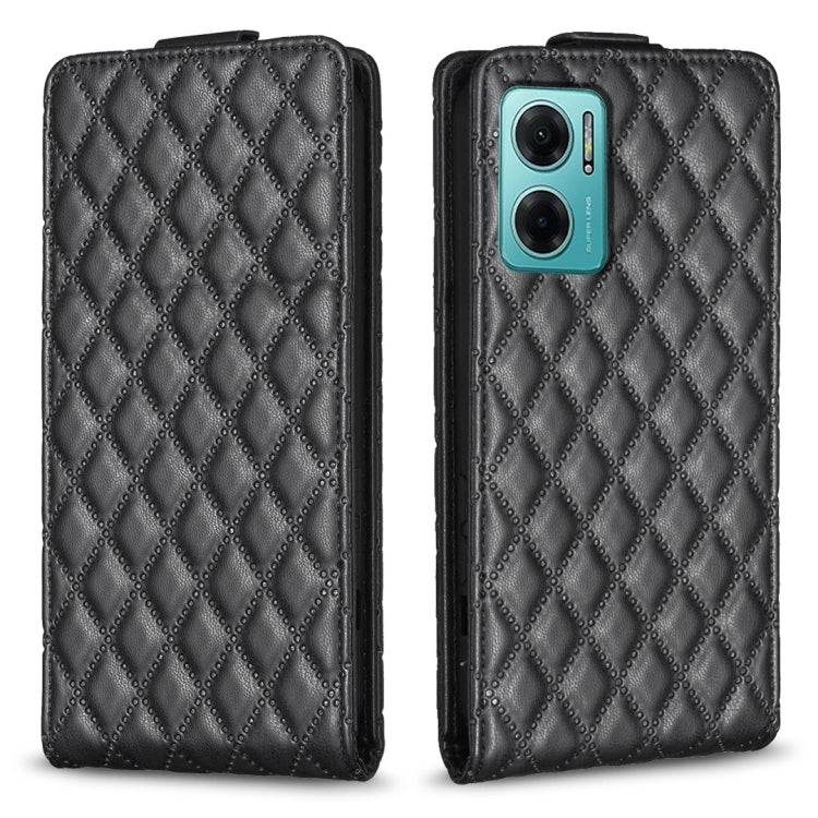 Dark leather flip phone case with diamond lattice pattern and side button cutouts