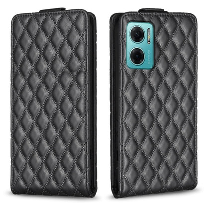 Dark leather flip phone case with diamond lattice pattern and side button cutouts