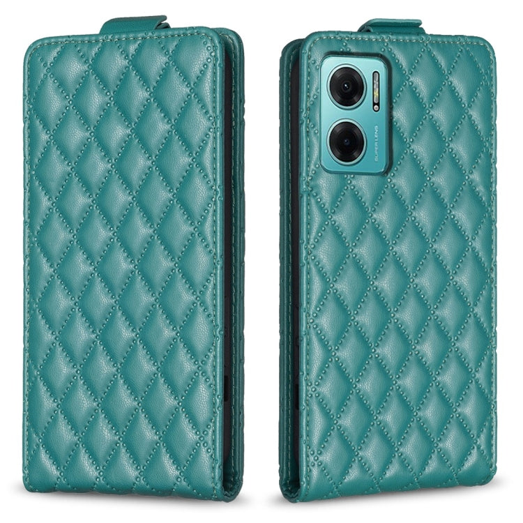 Teal leather flip phone case with diamond lattice texture and camera window