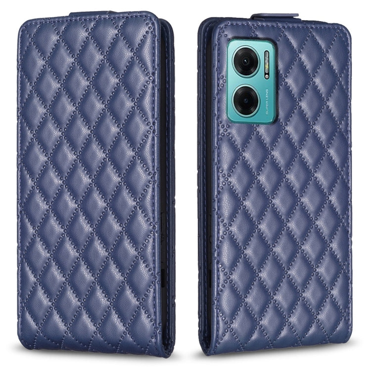 Blue leather flip phone case with diamond lattice texture and camera window