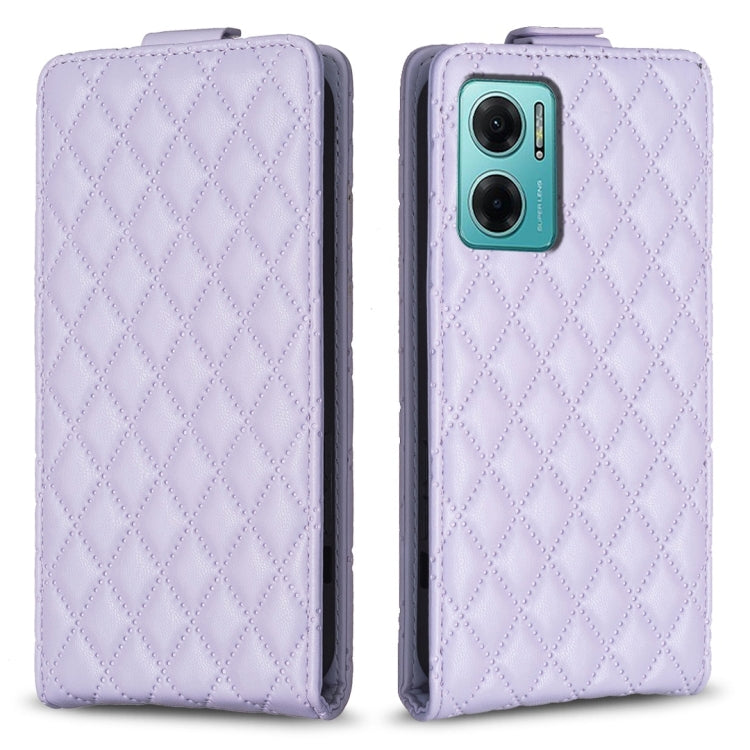 Lavender leather flip phone case with diamond lattice texture and camera window