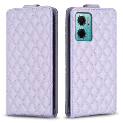 Lavender leather flip phone case with diamond lattice texture and camera window
