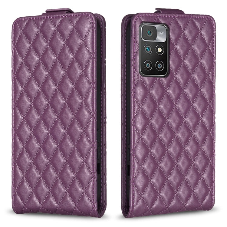 Dark purple vertical flip leather phone case with diamond lattice texture, front and back