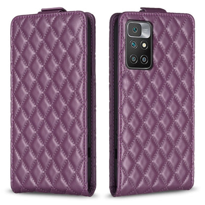 Dark purple vertical flip leather phone case with diamond lattice texture, front and back