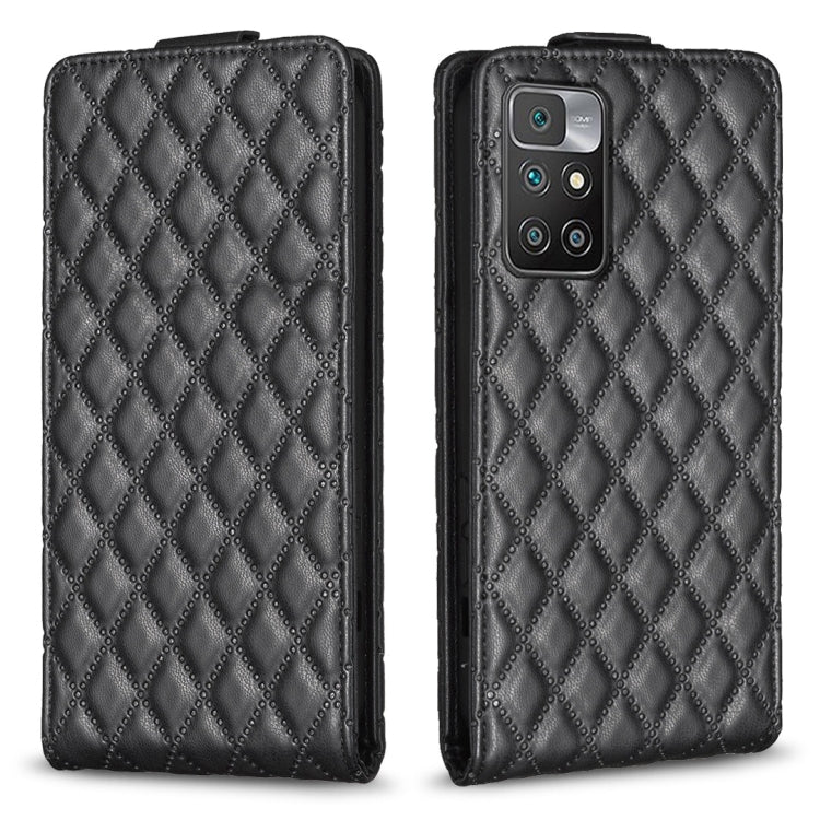 Black vertical flip leather phone case with diamond lattice texture, front and back
