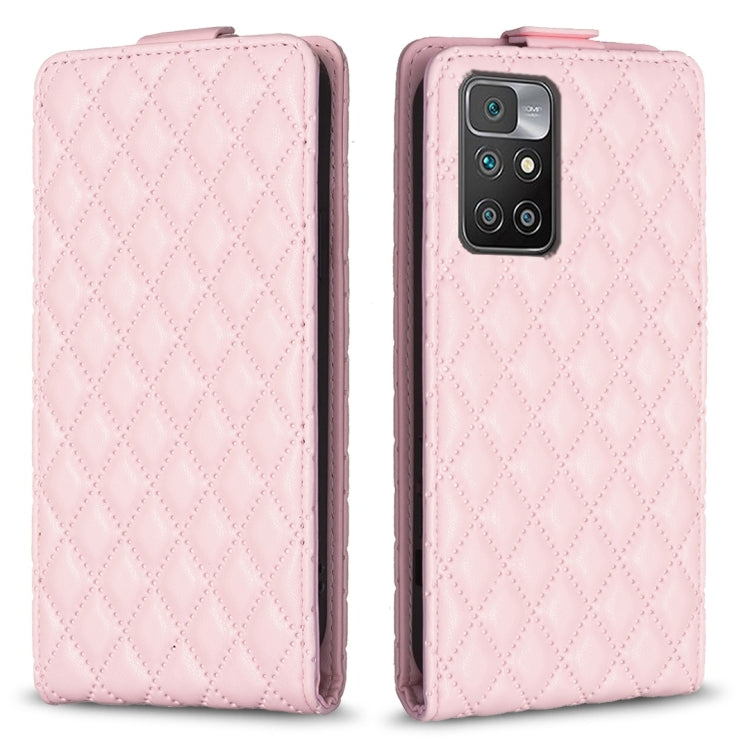Pink vertical flip leather phone case with diamond lattice texture, front and back