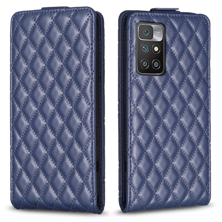 Blue vertical flip leather phone case with diamond lattice texture, front and back