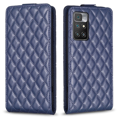 Blue vertical flip leather phone case with diamond lattice texture, front and back