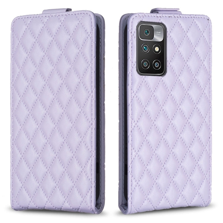 Light purple vertical flip leather phone case with diamond lattice texture, front and back