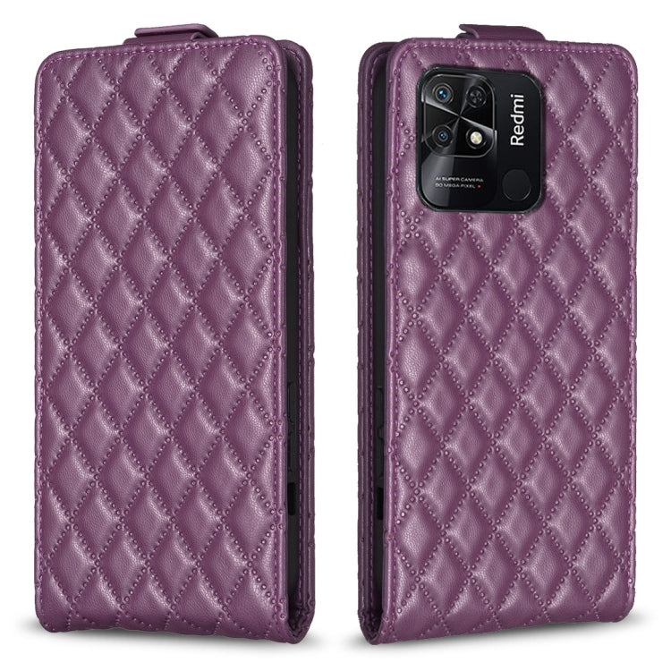 Purple leather flip phone case with diamond lattice pattern and camera cutout